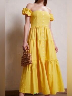 STAUD Yellow Off-Shoulder Tiered Maxi Dress